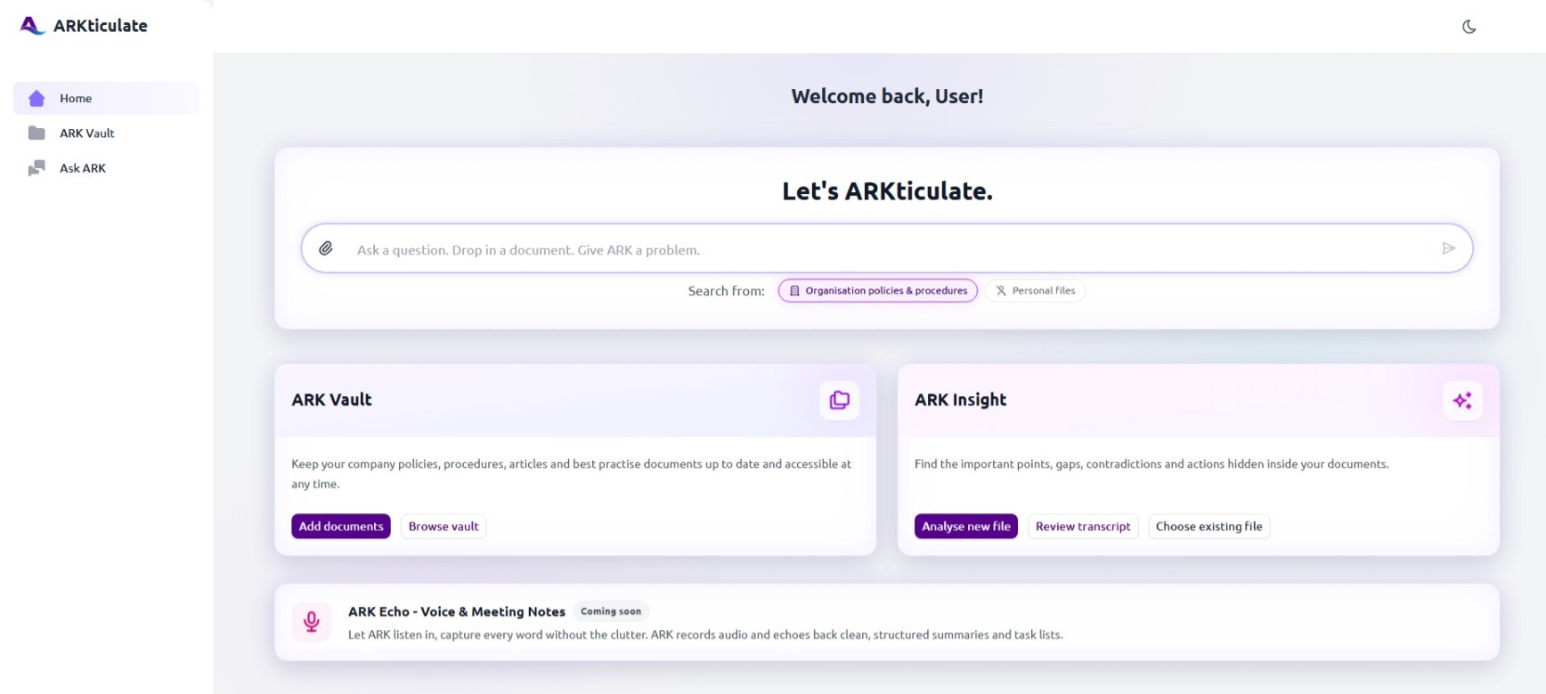 ARKticulate home dashboard