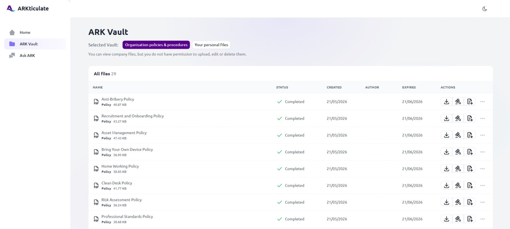 ARK Vault document library view